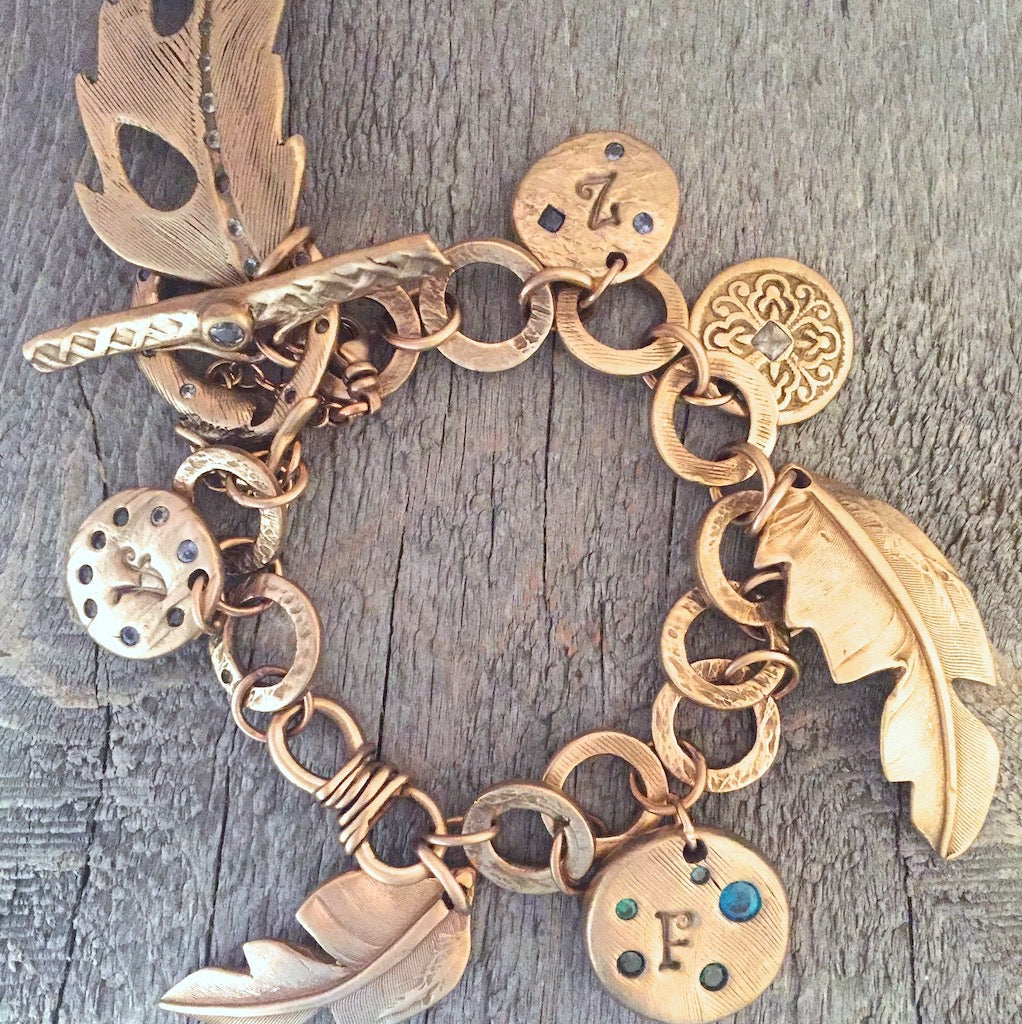 Custom Bronze Charm Bracelet: With Green Gems