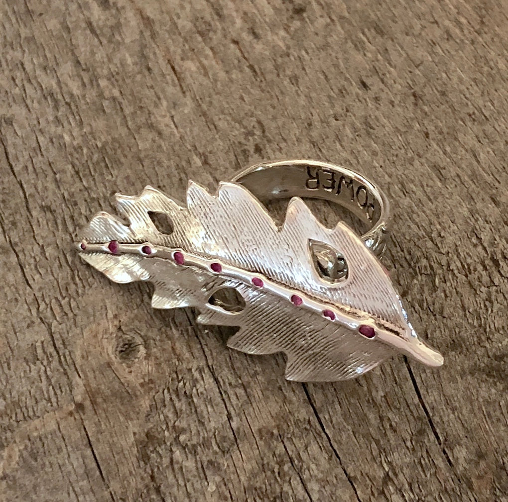 Long Feather Ring: Silver & Rubies